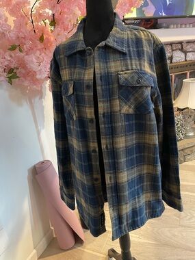 Vans Men's Blue and Brown Plaid Flannel Shirt Jacket